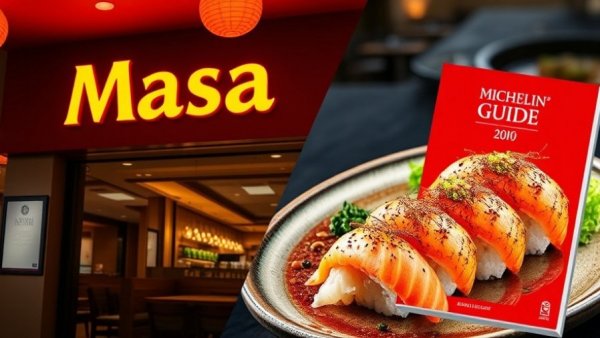 Collage of Masa sushi restaurant sign, gourmet sushi, and Michelin Guide.