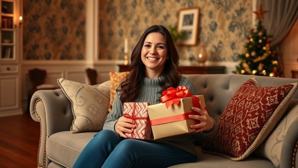 Happy woman with gifts in living room, Houston retail news.