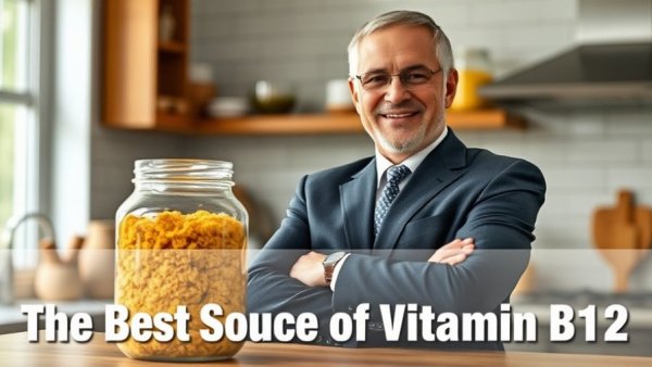 Nutritional yeast as the best source of vitamin B12 with smiling man.
