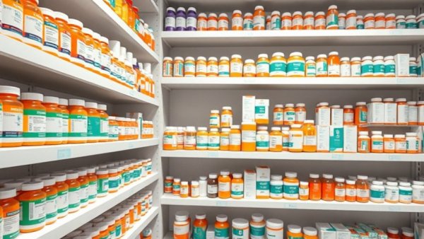 Assorted pill bottles on shelves highlighting healthcare affordability crunch.