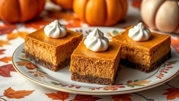 Delicious pumpkin cheesecake recipe: three creamy bars with whipped cream.