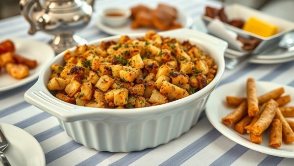 Golden-brown stuffing in dish on table with gravy boat.
