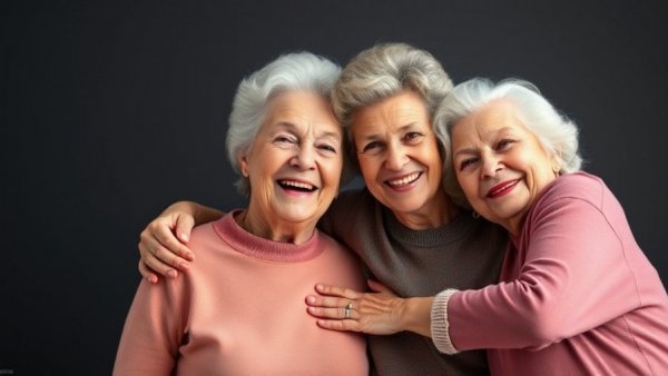 Healthy aging exercises with two elderly women embracing happily.