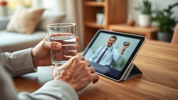 Elderly hand in telehealth consultation, emphasizing community resilience and health.