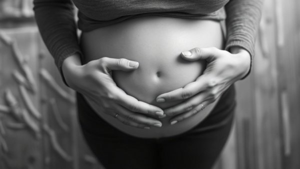 Pregnant woman top view, hands on belly, gestational weight gain theme.