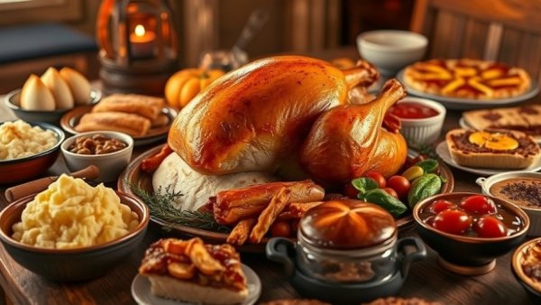 Sumptuous Thanksgiving meal with turkey and sides on a rustic table.