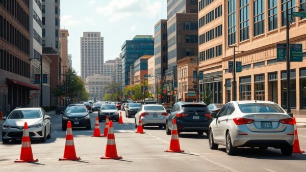 Urban street with cars and construction cones in Austin, featuring two-way street conversions.