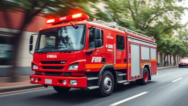 Firefighting truck on the move in Austin, showcasing city scene