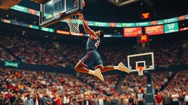 De'Aaron Fox executing a windmill dunk in a stadium