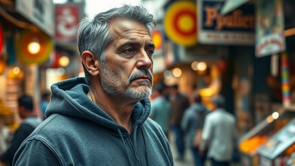 Mature man promoting mental wellness for seniors at a vibrant market.