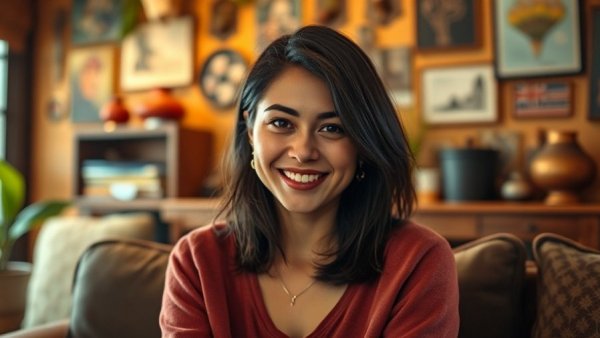 Smiling woman sitting in a cozy room discussing Lily Allen's new album.
