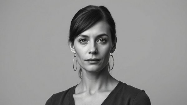 Grayscale portrait of a woman with a neutral expression, symbolizing professionalism.