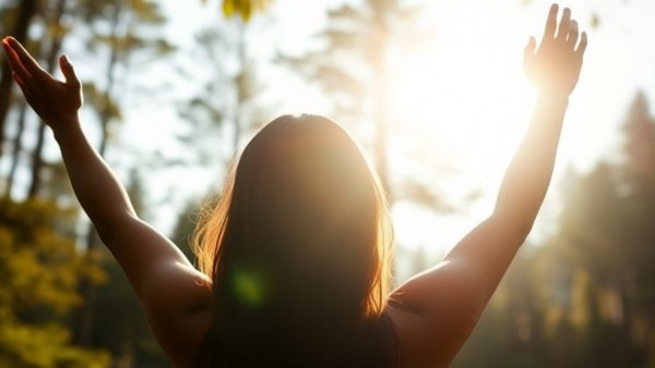 Silhouette of a woman embracing sunlight in nature, midlife crisis transformation.