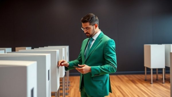 Texas redistricting: vibrant individual examining voting machines in a civic setting.