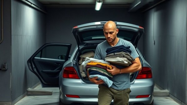 Bald man in garage with packed car, reflecting Trump impact on South Texas.