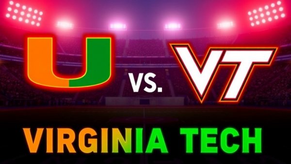 Miami vs. Virginia Tech game graphic symbolizing college football rivalry.