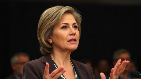 Woman at conference discussing national education policy.