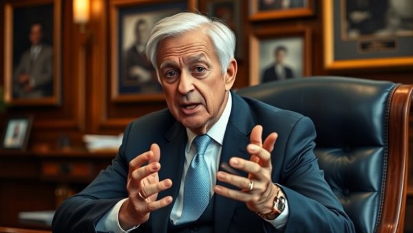 Older man speaking intensely at a desk, Trump News setting.