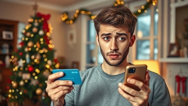 Concerned young man checking phone for holiday shopping scams.