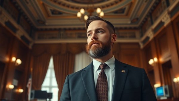 Bearded man in a suit inside a government building discussing RJ May tax evasion charges.