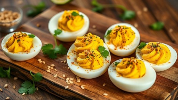 Curried deviled eggs on a rustic board, garnished with cilantro.