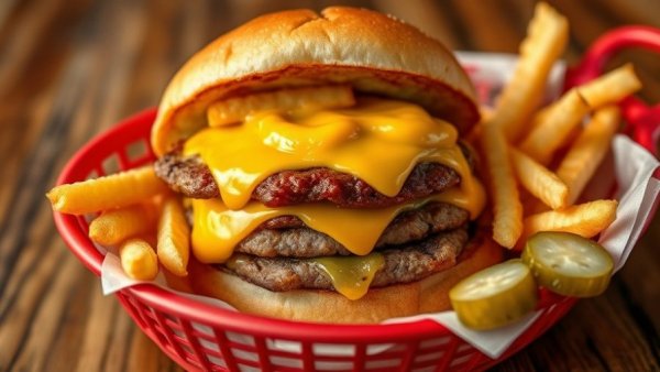 Delicious cheeseburger with fries, highlighting Dallas entertainment dining.