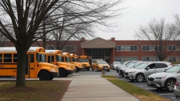 HISD decision to close schools: suburban school with buses and cars