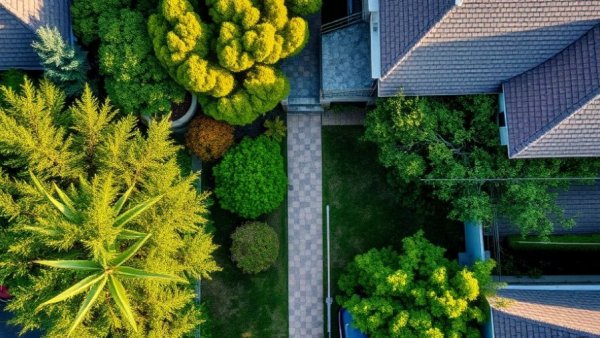 US news regarding home invasions: Aerial view of a property with stone pathway.