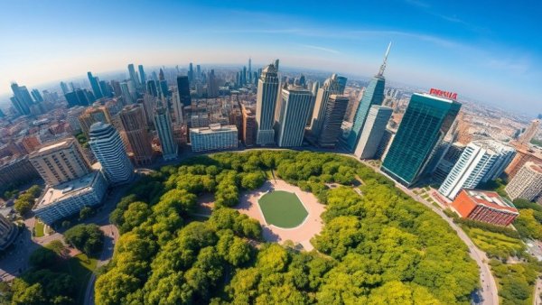 Aerial view of Klyde Warren Park's urban expansion showing skyscrapers.