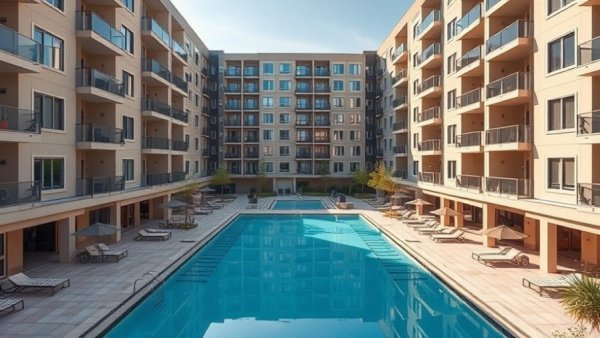 Modern pool in mixed-use developments in Frisco.
