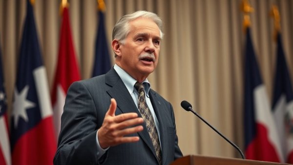 Older man speaks at podium with Texas flags; Texas dementia research fund lawsuit.