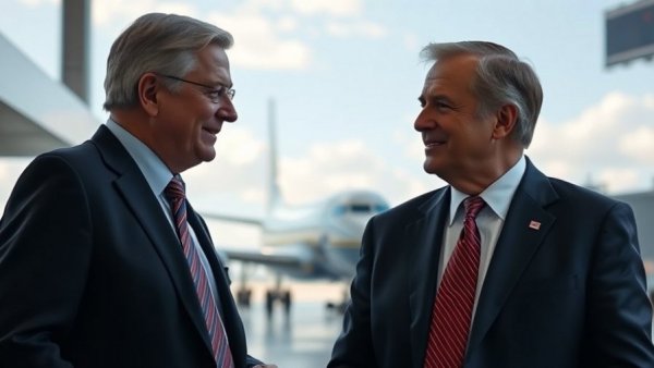 Two political figures discussing peace plan at airport.