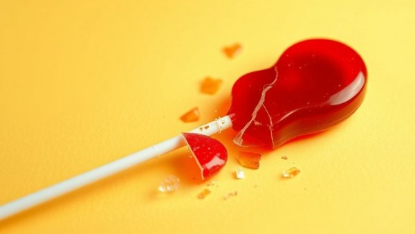 Shattered heart-shaped lollipop on yellow background symbolizing forgiveness after cheating.