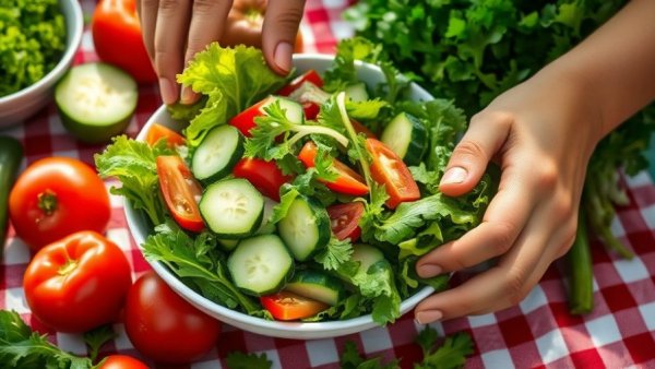 Hands preparing fresh vegetables on a checkered table, best time to eat dinner in winter.