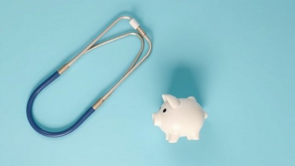 Healthcare investment concept with stethoscope and piggy bank.