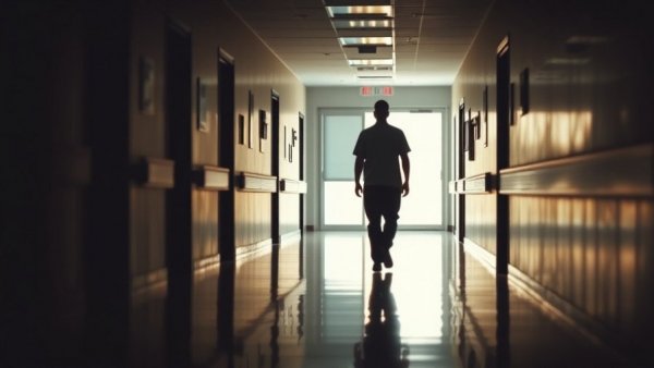 Dim hospital corridor with silhouettes, symbolizing healthcare layoffs.