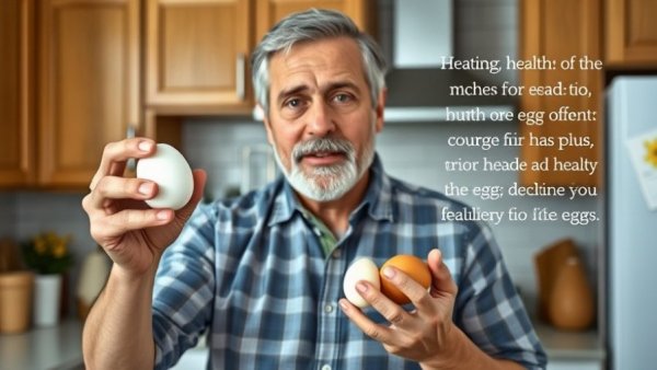 Middle-aged man discusses health benefits of eggs over 50 in kitchen.