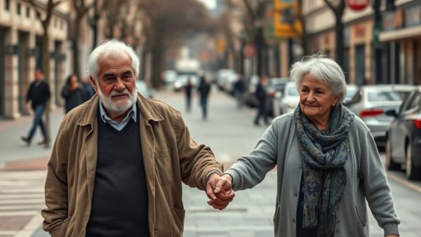 Health and wellness captured as an elderly couple walks hand in hand.