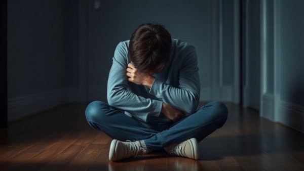 College student expressing stress, sitting on floor in dimly lit room.