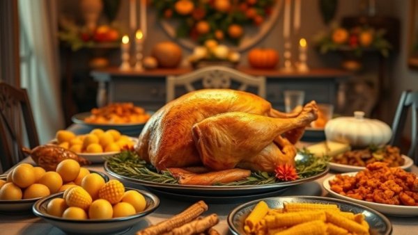 Thanksgiving feast with roasted turkey centerpiece in San Antonio, autumn decor.