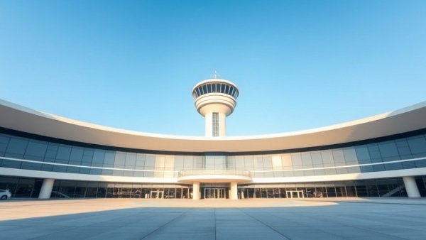 Lambert Airport's iconic structure under blue sky.