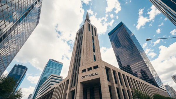 Austin City Hall with skyscrapers, highlighting city budget context.