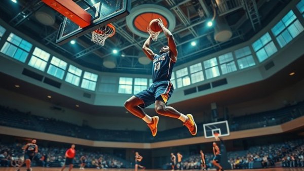 NBA Top Plays featuring a player mid-air for a slam dunk, vibrant court.
