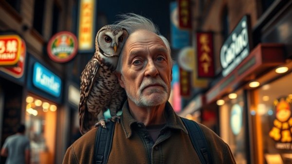 Senior man and owl interaction promoting mental wellness for seniors.