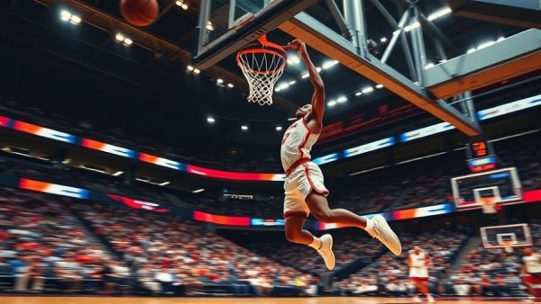 Toppin slam Big 12 basketball action on indoor court with dynamic dunk.