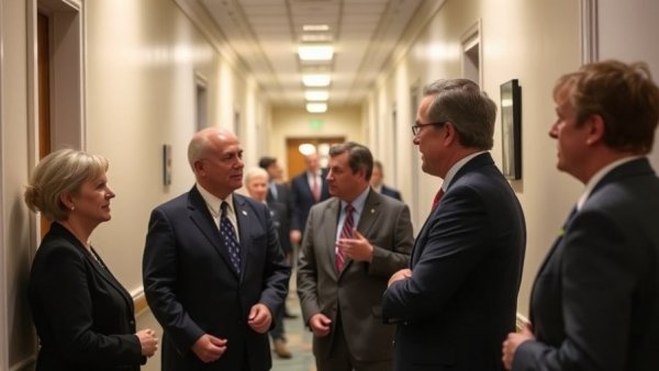 Officials discussing change House censure rules in a hallway.