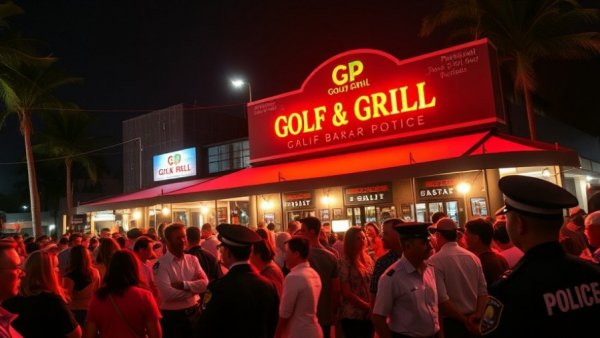 Crowd and police at night event near San Antonio business.