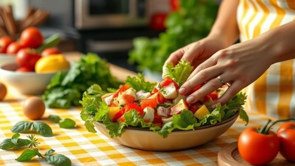 Preparing fresh salad in bright kitchen; best time to eat dinner in winter.