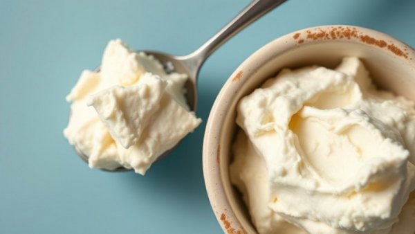 Cotton cheese in a bowl with spoon on blue background.