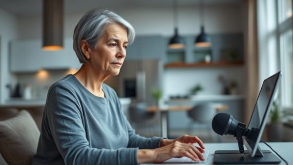 Middle-aged woman using AI technology voice restoration device at home.